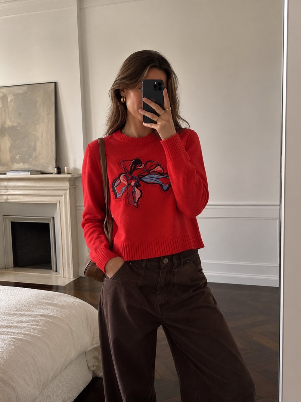 Lewit Embroidered Abstract Flower Sweater – Coral Red Wool-Blend – XS –